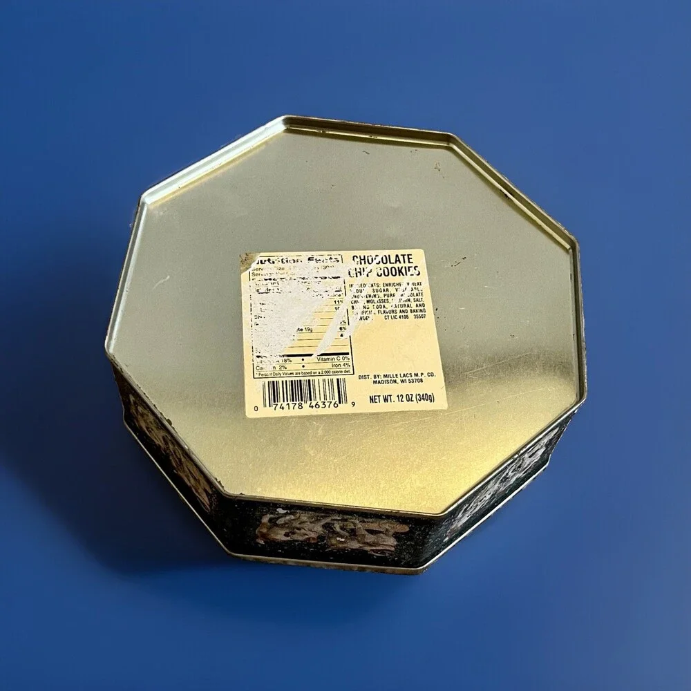1990’s Era Victorian Print Girl with Dogs Octagon Cookie Tin Gold Interior